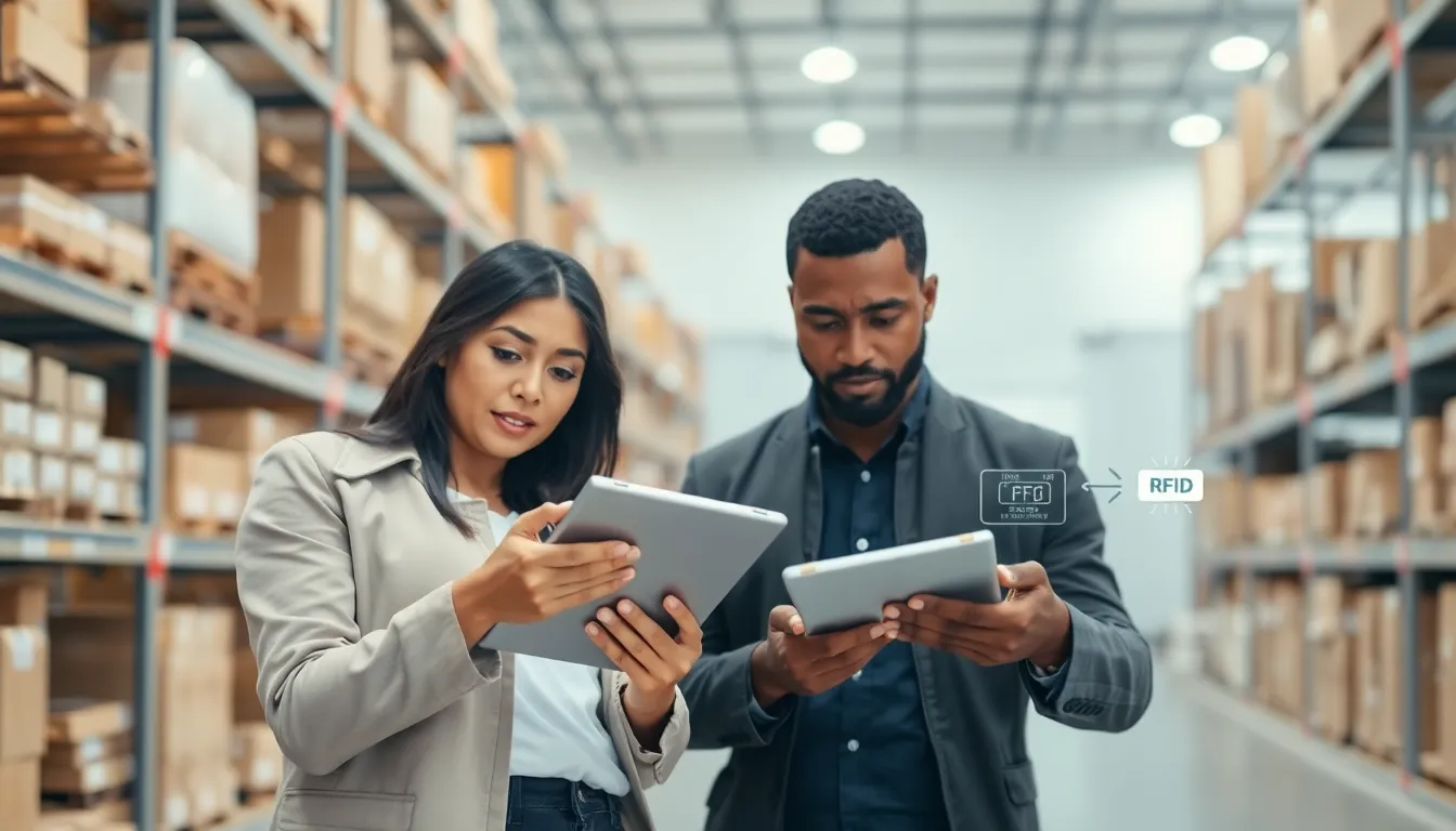 team using technology for improving inventory accuracy in a warehouse.